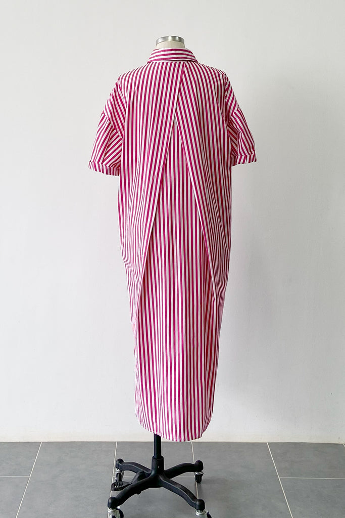 PLEATED SLEEVES SHIRT DRESS IN PINK STRIPE