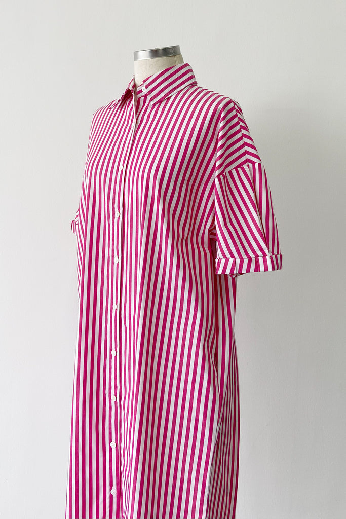 PLEATED SLEEVES SHIRT DRESS IN PINK STRIPE