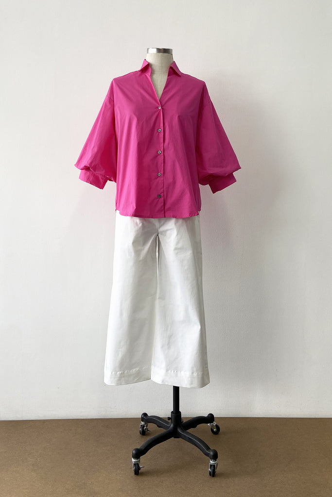 V-NECK BUTTON DOWN LATERN SLEEVES SHIRT IN PINK